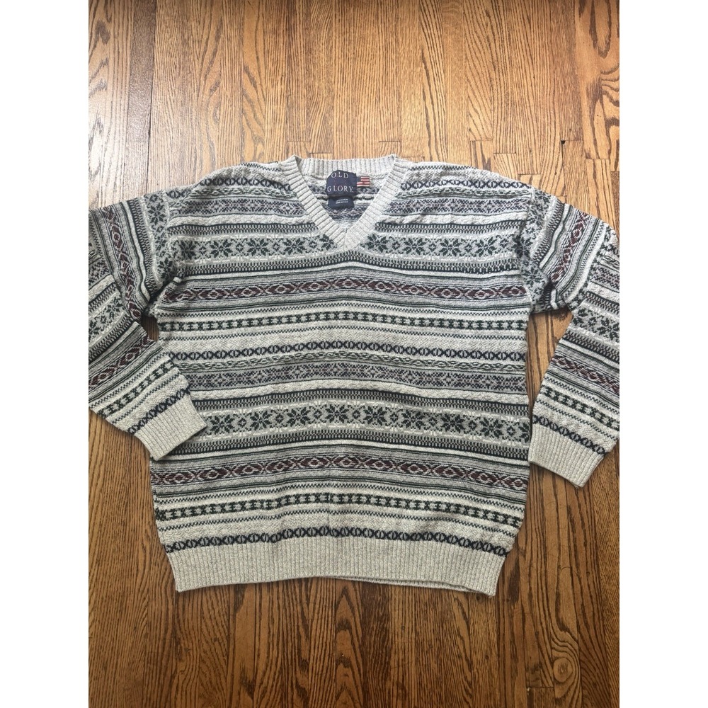 Vintage Old Glory USA Cotton Fair Isle Nordic Sweater Mens L V Neck 90s